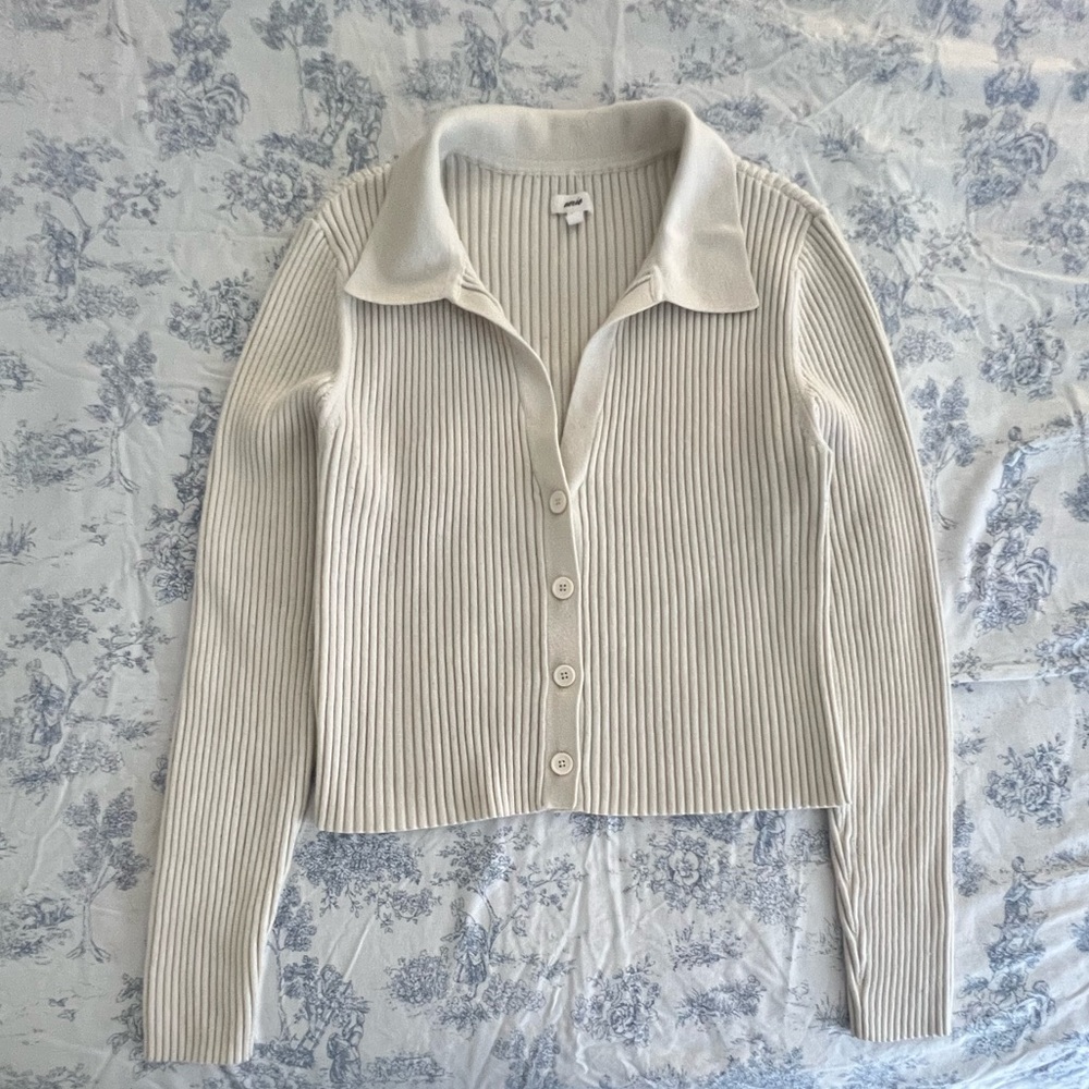 Aerie Cream Ribbed Cardigan